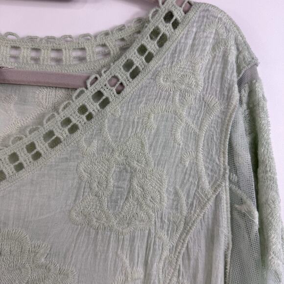 Bohemian Crochet Mesh Ultra Pink Top Large Mint Green Bell Sleeve Embroidered - Picture 6 of 13
